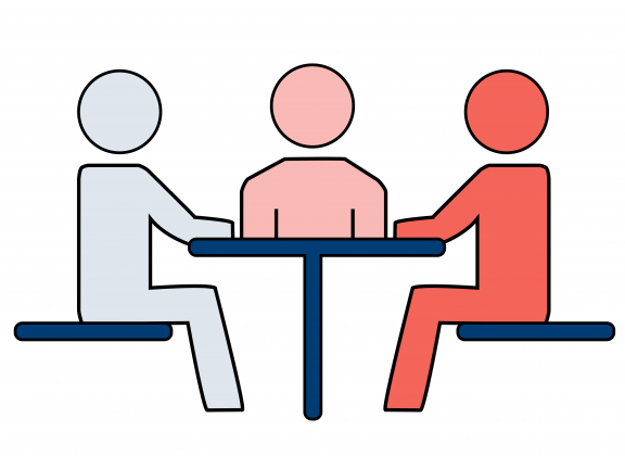 Piirroskuva ihmishahmoista, jotka istuvat pöydän ympärillä.